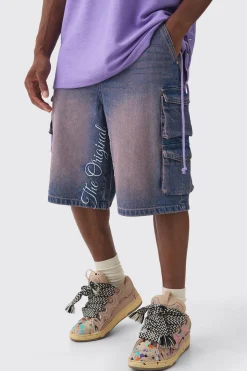 Embroidered Denim Cargo Jorts In Pink | BoohooMAN UK