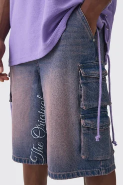 Embroidered Denim Cargo Jorts In Pink | BoohooMAN UK
