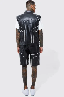 Embroidered Pu Moto Gilet | BoohooMAN UK