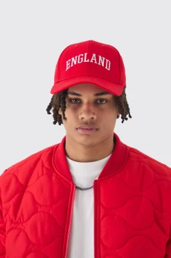 England Embroidered Cap In Red | BoohooMAN UK
