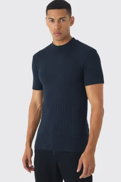 Extended Neck Chunky Rib Athlete T Shirt | BoohooMAN UK