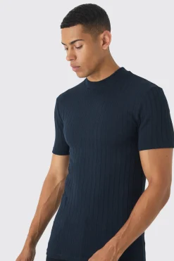 Extended Neck Chunky Rib Athlete T Shirt | BoohooMAN UK