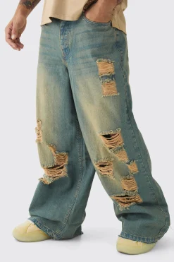 Extreme Baggy Rigid All Over Ripped Jeans | BoohooMAN UK