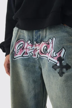Extreme Baggy Rigid Pu Cross Applique Washed Jeans | BoohooMAN UK