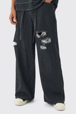 Extreme Baggy Rigid Ripped Jeans With Belt Detail | BoohooMAN UK