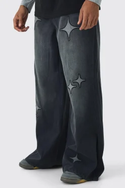 Extreme Baggy Star Applique Jeans | BoohooMAN UK