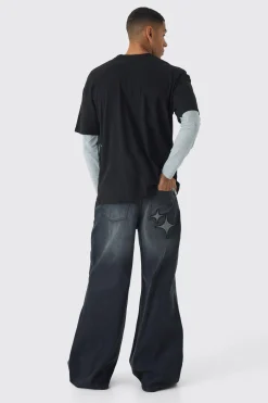 Extreme Baggy Star Applique Jeans | BoohooMAN UK