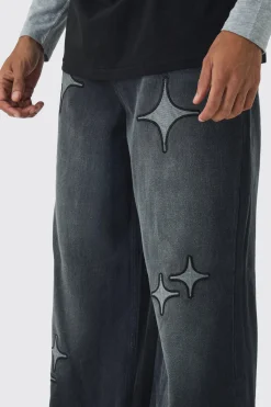 Extreme Baggy Star Applique Jeans | BoohooMAN UK