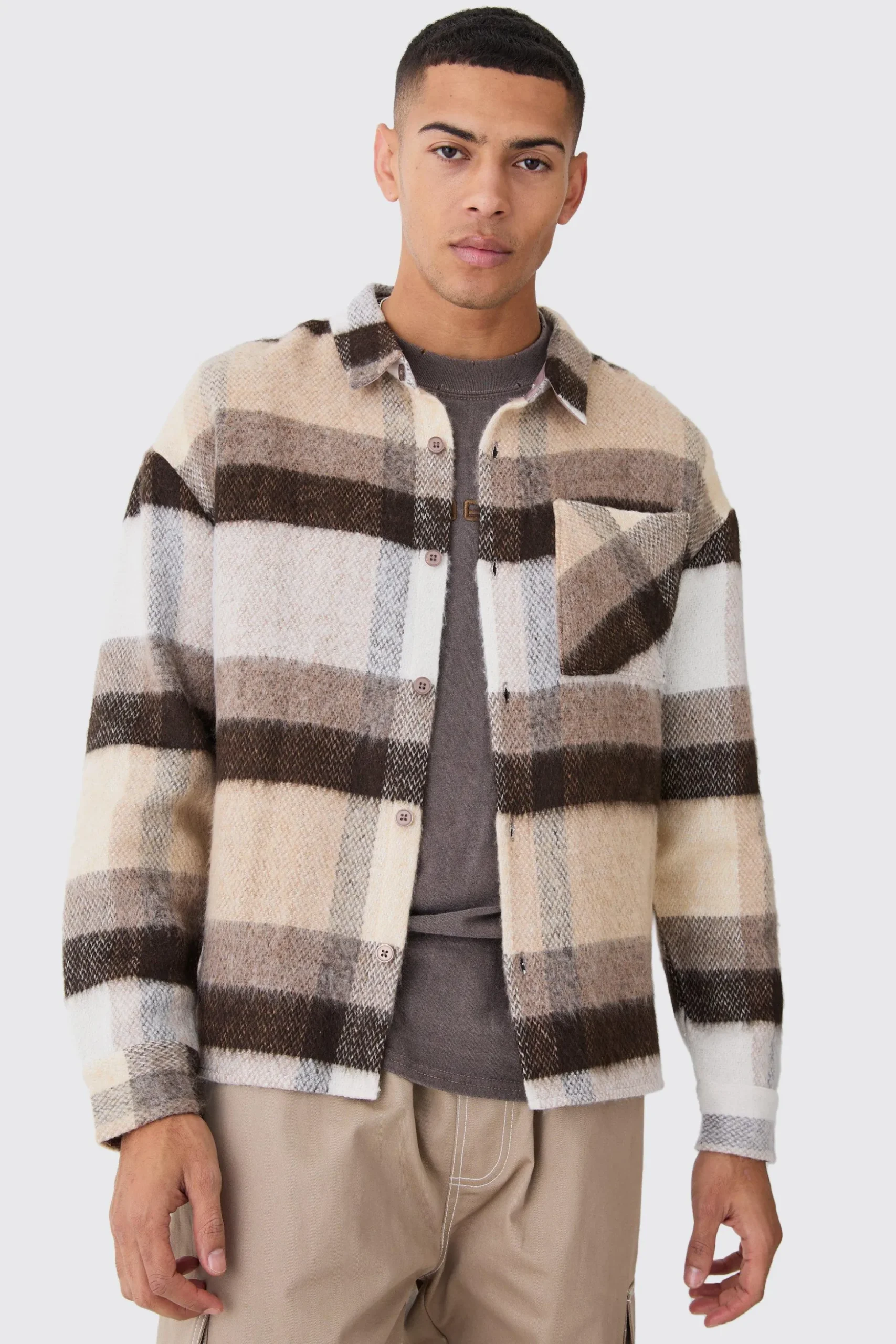 Extreme Heavy Brushed Check Boxy Overshirt | BoohooMAN UK