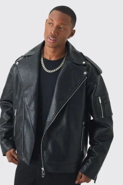 Extreme Oversized Textured Pu Biker Jacket In Black | BoohooMAN UK