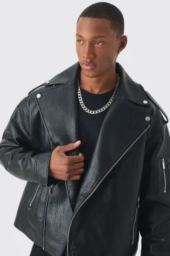 Extreme Oversized Textured Pu Biker Jacket In Black | BoohooMAN UK