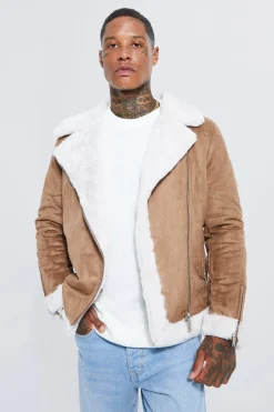 Faux Fur Lined Suede Aviator Jacket | BoohooMAN UK
