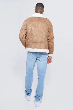 Faux Fur Lined Suede Aviator Jacket | BoohooMAN UK