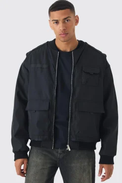 Faux Layer Utility Vest Bomber In Black | BoohooMAN UK