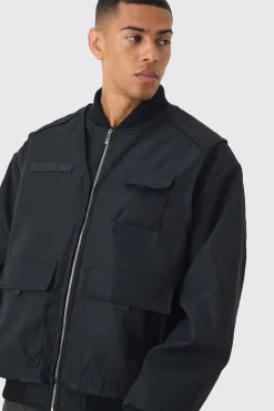 Faux Layer Utility Vest Bomber In Black | BoohooMAN UK