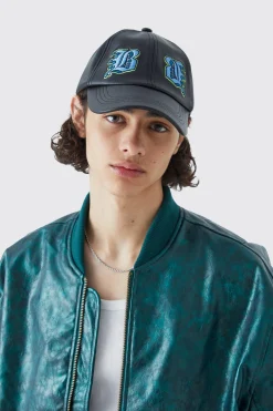 Faux Leather Badge Trucker Cap | BoohooMAN UK