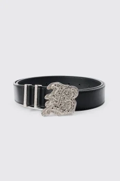 Faux Leather Belt With B Branded Buckle In Black | BoohooMAN UK