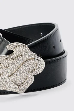 Faux Leather Belt With B Branded Buckle In Black | BoohooMAN UK