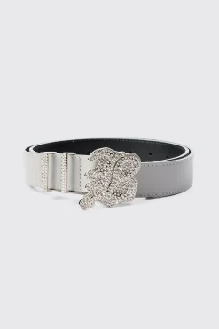 Faux Leather Belt With B Branded Buckle In Grey | BoohooMAN UK