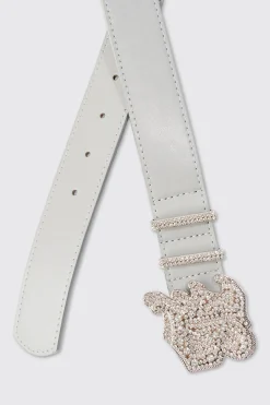 Faux Leather Belt With B Branded Buckle In Grey | BoohooMAN UK