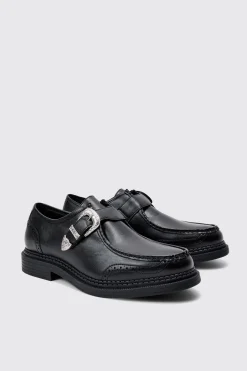Faux Leather Derby Shoes With Western Buckle In Black | BoohooMAN UK