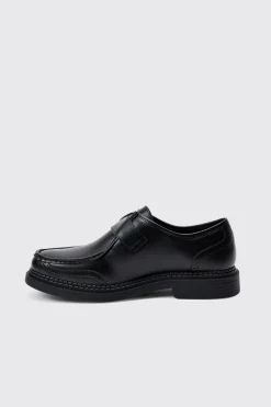 Faux Leather Derby Shoes With Western Buckle In Black | BoohooMAN UK