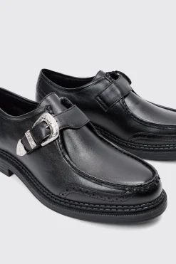 Faux Leather Derby Shoes With Western Buckle In Black | BoohooMAN UK