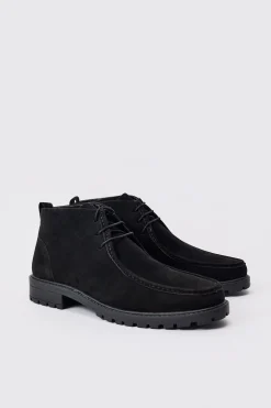 Faux Suede Apron Front Boots In Black | BoohooMAN UK