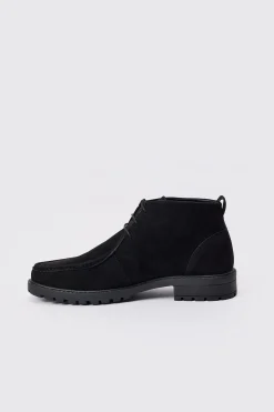 Faux Suede Apron Front Boots In Black | BoohooMAN UK