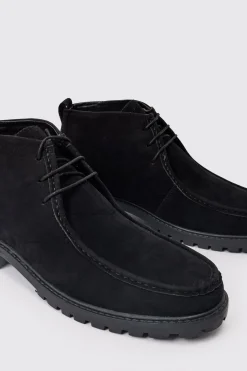 Faux Suede Apron Front Boots In Black | BoohooMAN UK