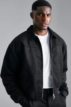 Faux Suede Boxy Collared Bomber | BoohooMAN UK