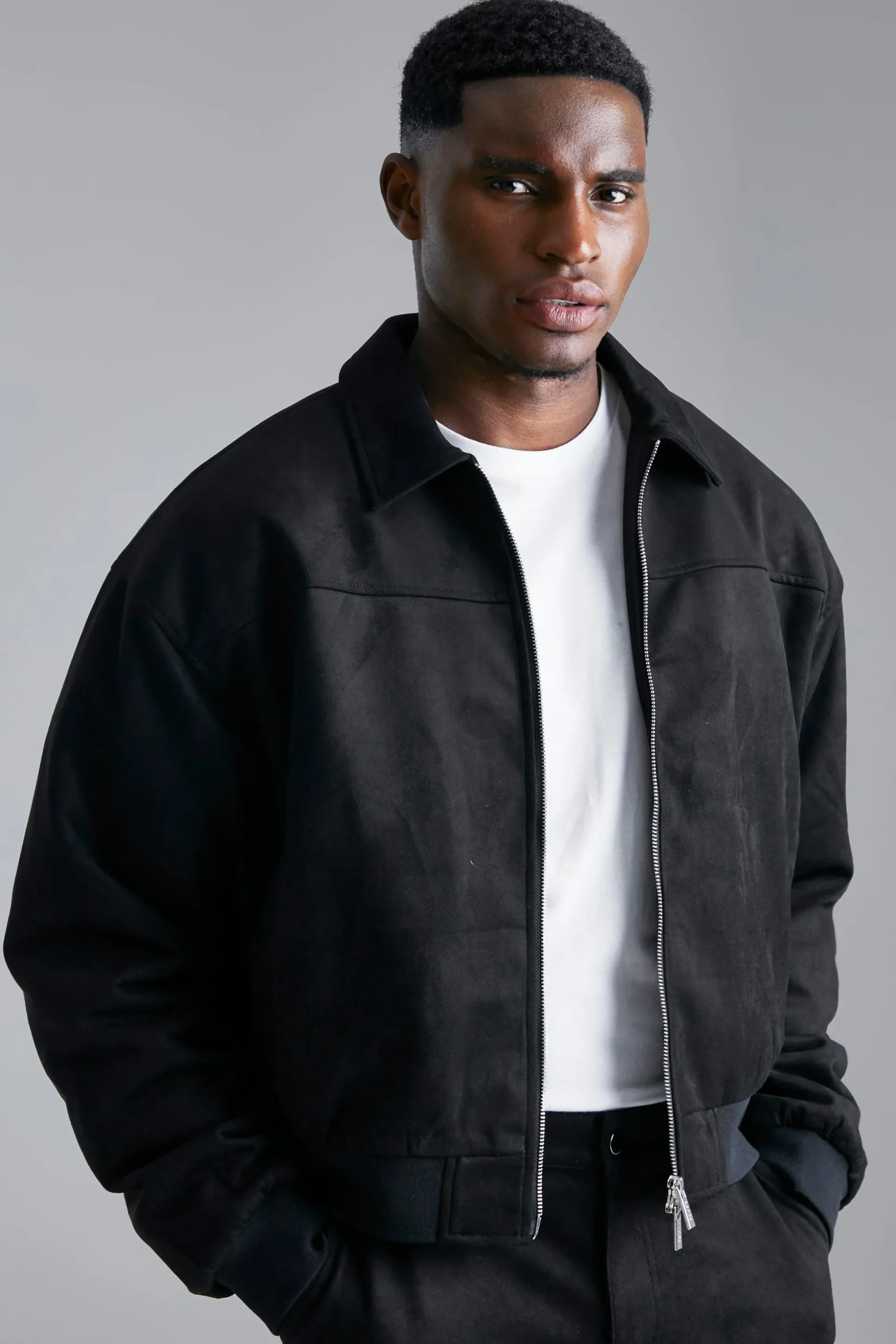 Faux Suede Boxy Collared Bomber | BoohooMAN UK