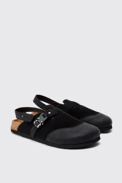 Faux Suede Buckle Detail Mule In Black | BoohooMAN UK