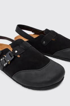 Faux Suede Buckle Detail Mule In Black | BoohooMAN UK