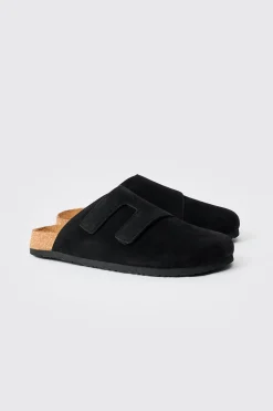 Faux Suede Cross Over Strap Mule In Black | BoohooMAN UK
