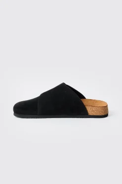 Faux Suede Cross Over Strap Mule In Black | BoohooMAN UK