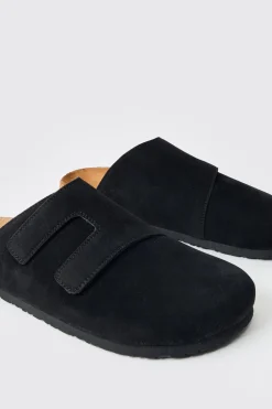 Faux Suede Cross Over Strap Mule In Black | BoohooMAN UK
