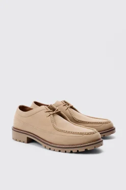 Faux Suede Derby Shoes In Beige | BoohooMAN UK