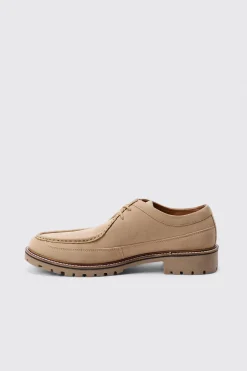 Faux Suede Derby Shoes In Beige | BoohooMAN UK