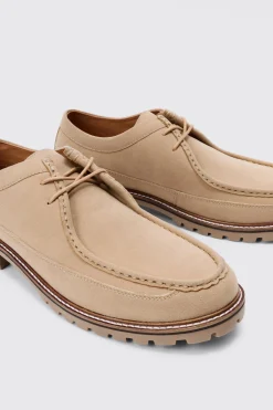 Faux Suede Derby Shoes In Beige | BoohooMAN UK