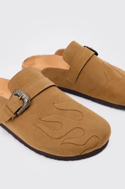 Faux Suede Flame Mule In Beige | BoohooMAN UK