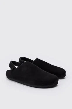 Faux Suede Sling Back Mule In Black | BoohooMAN UK