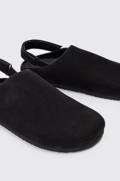 Faux Suede Sling Back Mule In Black | BoohooMAN UK