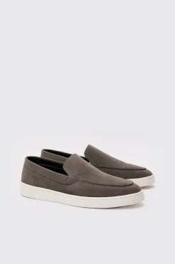 Faux Suede Slip On Loafer In Grey | BoohooMAN UK