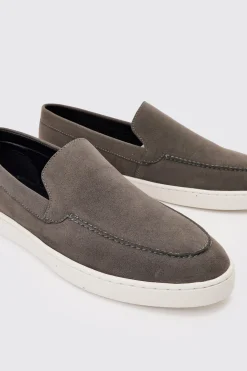 Faux Suede Slip On Loafer In Grey | BoohooMAN UK