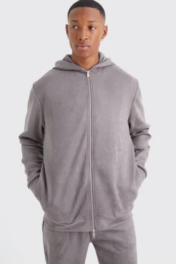 Faux Suede Zip Through Hoodie | BoohooMAN UK