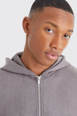 Faux Suede Zip Through Hoodie | BoohooMAN UK