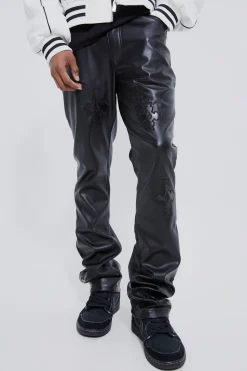 Fixed Skinny Stacked Applique Pu Trouser | BoohooMAN UK