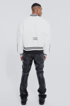 Fixed Skinny Stacked Applique Pu Trouser | BoohooMAN UK
