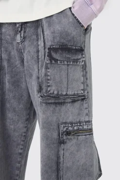 Fixed Waist Acid Washed Baggy Cargo Trouser | BoohooMAN UK